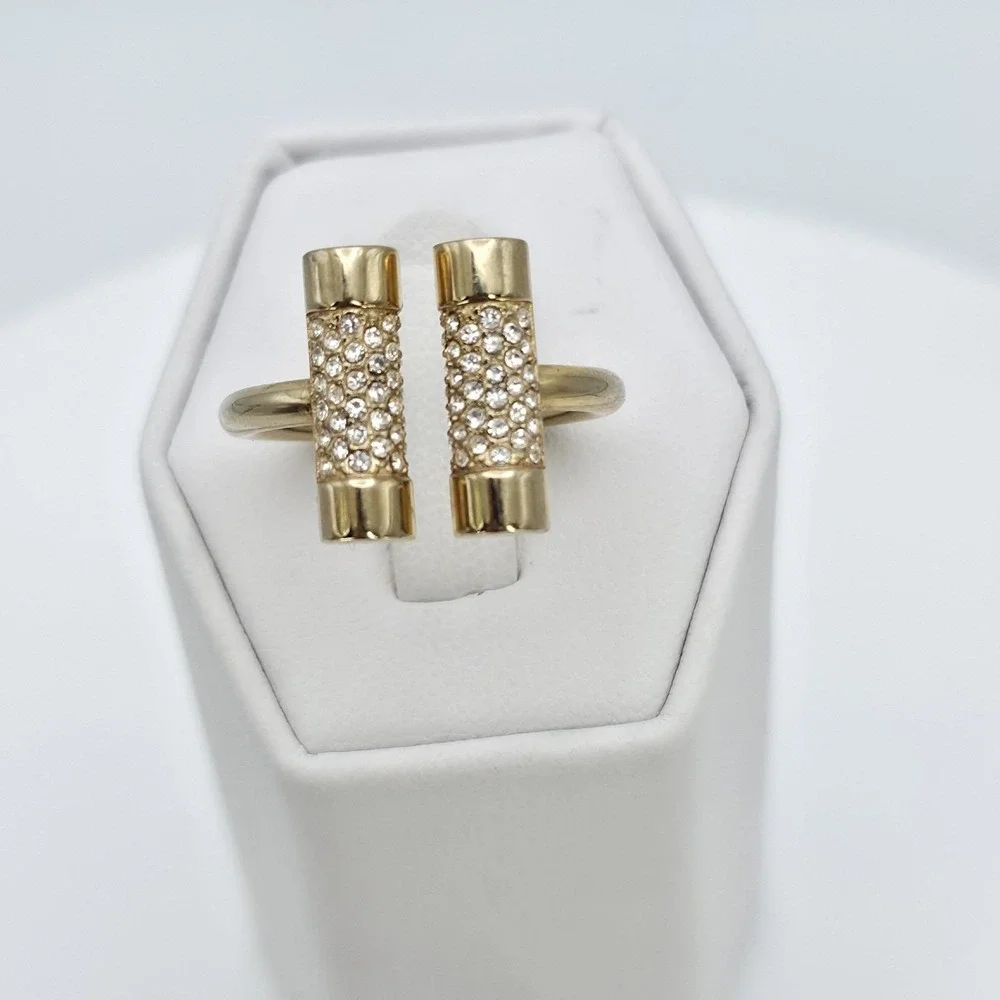 MICHAEL KORS Open Cuff Ring Pave Crystals Barrel Shape Gold Tone Size 7 Signed - Picture 9 of 11